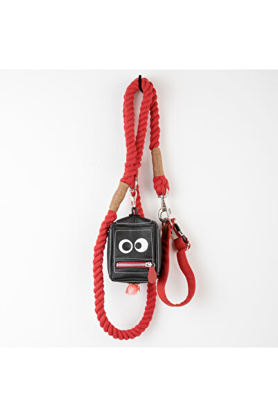 Lusi Doog Kırmızı Köpek Gezdirme Tasması Doğal Pamuk Halat İp ve Özel Tasarım Siyah Kaka Poşeti Çantası