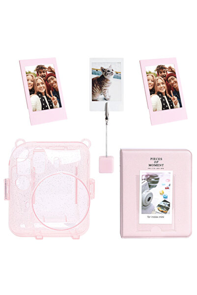 Fujifilm Instax Mini 12 Simli Şeffaf Pembe Kılıf Pvc 64'lü Albüm Ve Fotoğraf Çerçeveleri Aksesuar Seti