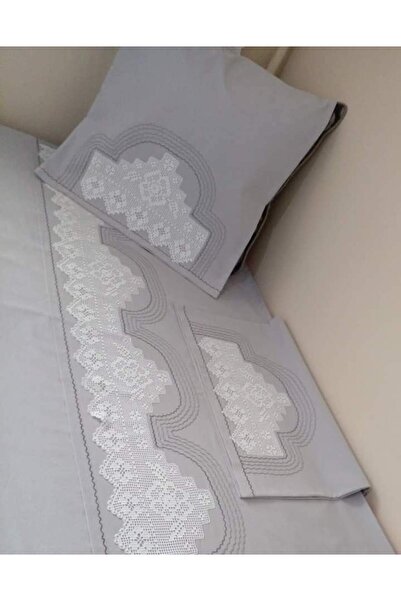 bursa çeyiz El Işi Dantelli Nevresim Takımı Çarşafı Dantelsiz Açık Gri Model