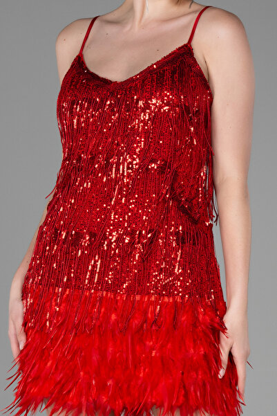 Abiyefon Kırmızı Askılı Eteği Otrişli Kısa Püsküllü Davet Elbisesi ABK1629