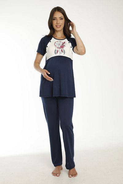 Miss Dünya Lissa Navy Blue Patterned Maternity and Maternity Pajamas Set with Dressing Gown