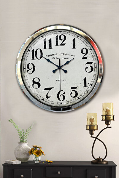 Platin Saat 52 Cm Krom Metal Duvar Saati