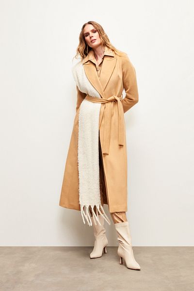 Sateen Camel Long Belted Coat