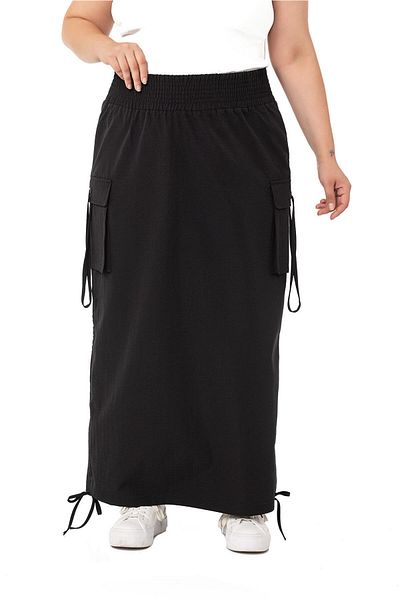 DISENTIS MODEST Large Size Side Gather Detailed Elastic Waist Parachute Long Black Skirt