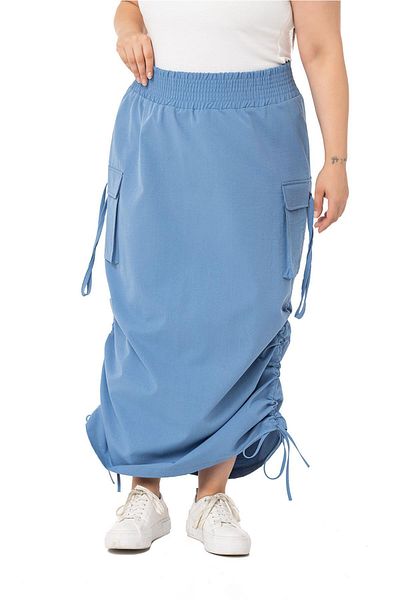 DISENTIS MODEST Large Size Side Gather Detailed Elastic Waist Parachute Long Blue Skirt