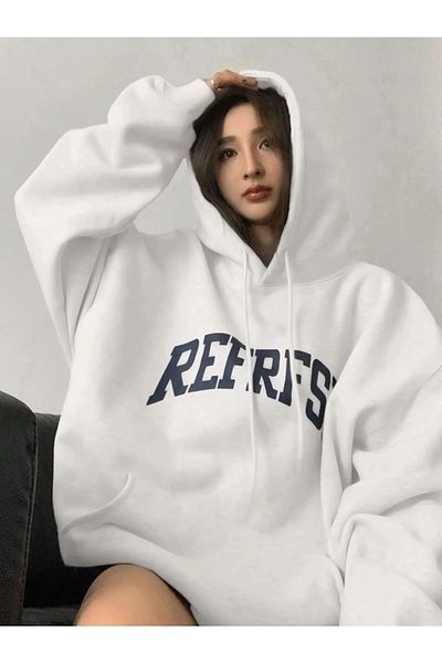 Machetta Large Size White Refrfsh Print Detailed Hooded Pocket Sweatshirt-Hoodie