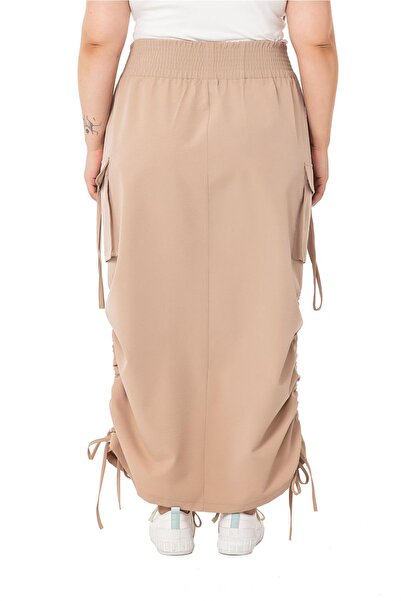 DISENTIS MODEST Large Size Long Mink Skirt with Side Gather Detail and Elastic Waist