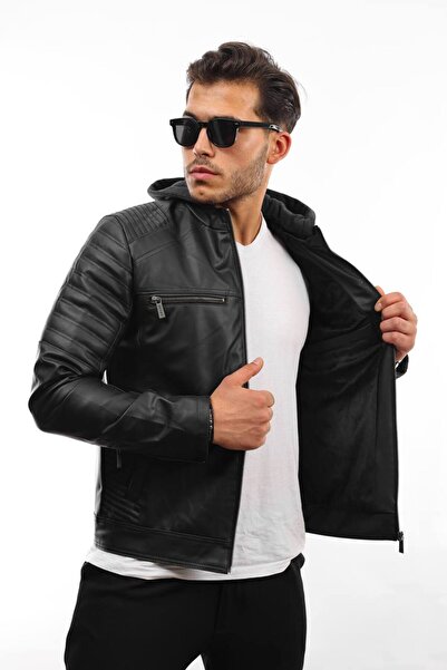 Oliggopol Men's Black Slim Fit Hooded Leather Jacket