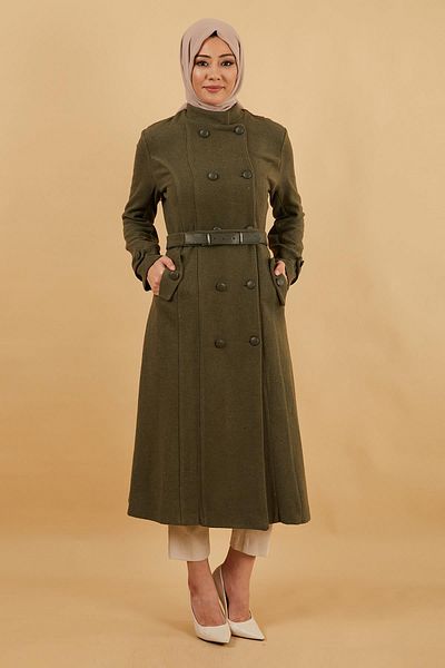 Modamihram Leather Belted Cashew Coat Khaki 12261