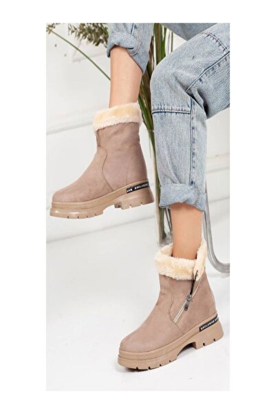 DARUGA Kadın Bej Kalın Taban Fermuarlı Şık Kürklü Günlük Bot