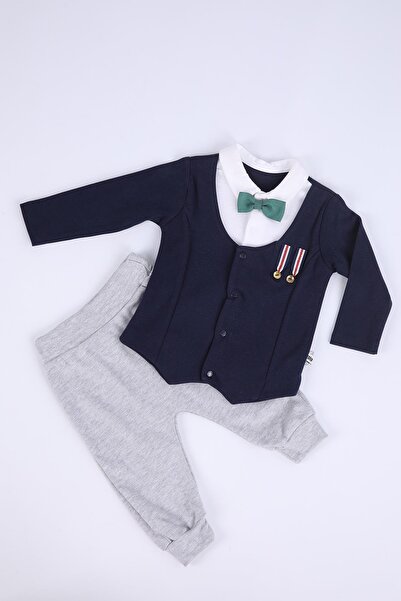 Babyhola Yelek Görünümlü Papyonlu Uzun Kollu Erkek Bebek Alt Üst 2'li Şık Tak...