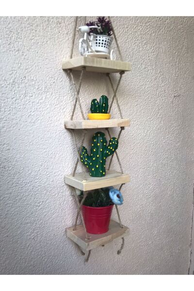 Genel Markalar Retro Ahşap 4' Gözlü Halatlı Duvar Rafı &çiçeklik