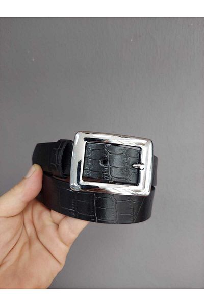 Kemerix Women's Crocodile Patterned Black Belt with Silver Buckle