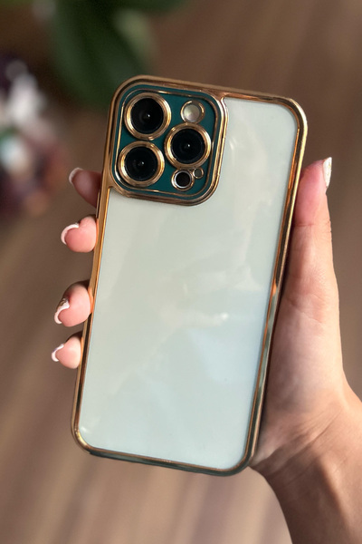 Jolita iPhone 14 Pro Max Uyumlu Kamera Koruyuculu Şeffaf Gold Detaylı Yeşil Silikon Telefon Kılıfı