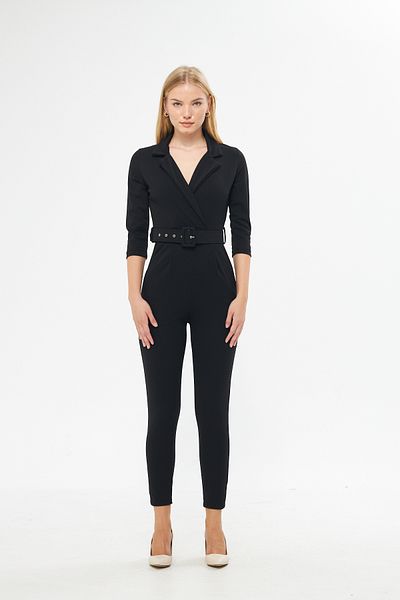vuvutasarım New Season Women's Belt Detailed Double Breasted Collar One Piece Long Sleeve Black Jumpsuit Black Jumpsuit