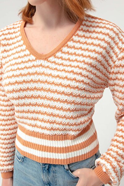 Lafaba Women's Salmon V-Neck Execution Pattern Knitwear Sweater