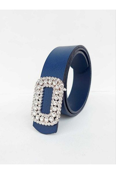 Kemerix 100% Genuine Leather Women's Bitter Navy Blue Belt with Stone and Silver Buckle