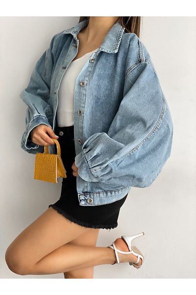 Fav Style Jachetă de blugi oversize cu mânecă cu buzunar dublu pentru femei, albastru spălat pe zăpadă