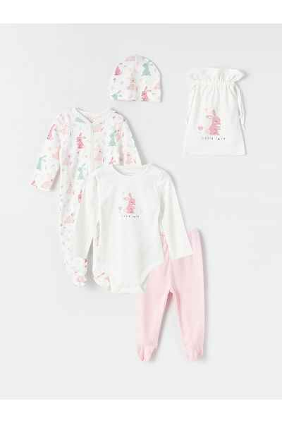 LC Waikiki Crew Neck Long Sleeve Cotton Baby Girl Hospital Discharge Set 5 Pieces