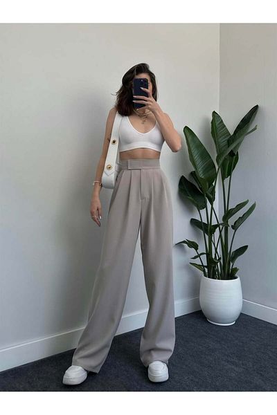 Laluvia Graue Premium-Taillen-Hose mit weitem Bein und Klettverschluss