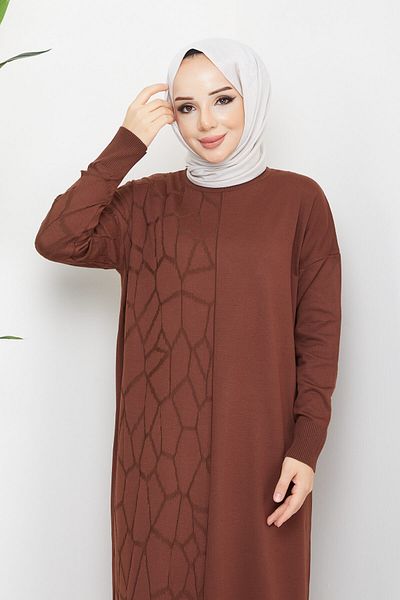 Pamuk Butik Γυναικείο πλεκτό φόρεμα με μοτίβο με παραλλαγή με μοτίβο αράχνης Mercerized καφέ