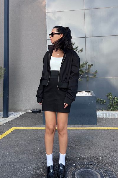Seda Yalçın Atelier Black Zipper Detailed Bomber Jacket and Skirt Set