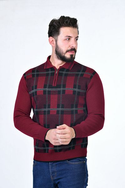 Kamalı Cămașă cu model pentru bărbați din oțel tricotat, guler, cu fermoar, guler polo, tricotaj anti-pilling, pulover de iarnă pentru tată