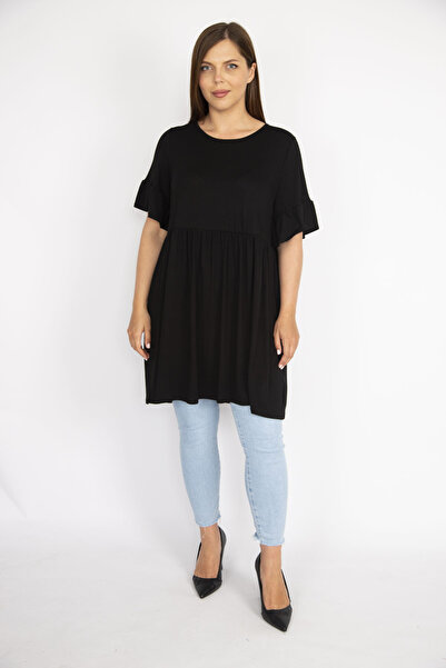 Şans Women's Plus Size Black Crew Neck Gathered Waist Flywheel Sleeve Tunic Dress 65n36710