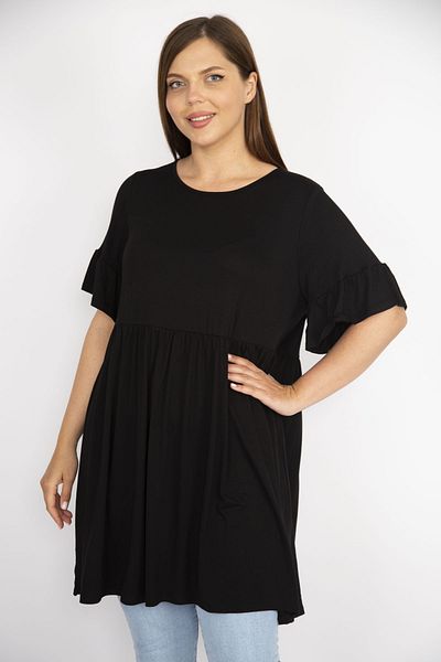 Şans Schwarzes Tunikakleid für Damen in Übergröße mit Rundhalsausschnitt, geraffter Taille und Schwungradärmeln 65n36710
