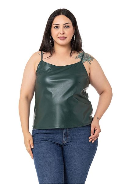 DISENTIS MODEST Plus Size Adjustable Thin Strap Leather Khaki Blouse with Elastic Back