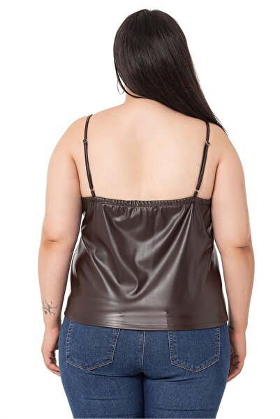 DISENTIS MODEST Plus Size Adjustable Thin Strap Leather Brown Blouse with Elastic Back