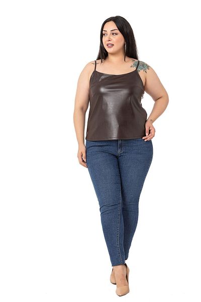 DISENTIS MODEST Plus Size Adjustable Thin Strap Leather Brown Blouse with Elastic Back
