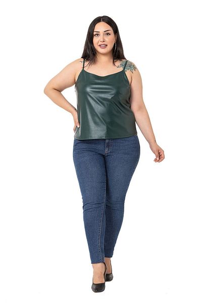 DISENTIS MODEST Plus Size Adjustable Thin Strap Leather Khaki Blouse with Elastic Back