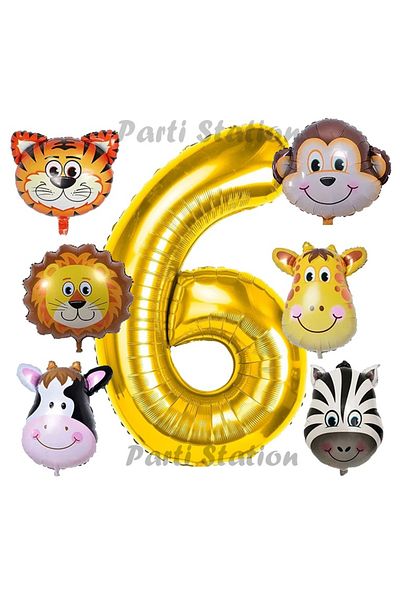 Parti Station Golden Color Number Balloon Safari 6 Years Birthday Party Balloon Set Safari Animals Theme Party Set
