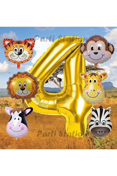 Parti Station Golden Color Number Balloon Safari 4 Years Birthday Party Balloon Set Safari Animals Theme Party Set