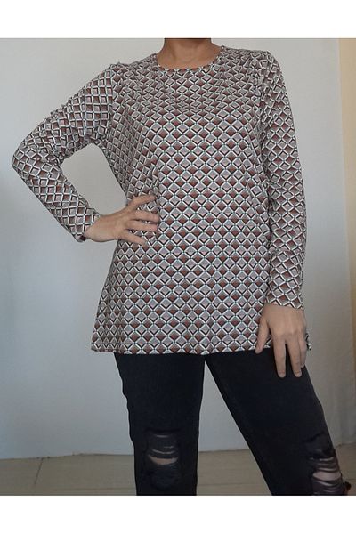 Mertcan Butik Тениска от кафява вискоза с кръгло деколте и шарка от норка