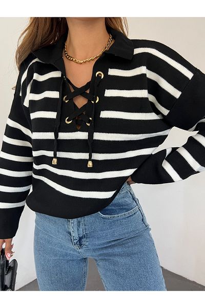 Jose Clothing Pulover de tricotaj cu mânecă lungă cu guler polo în dungi