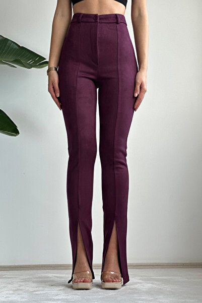 NET OF NOT Yeni Sezon Kadın Paçası Yırtmaçlı Mor Süet Pantolon