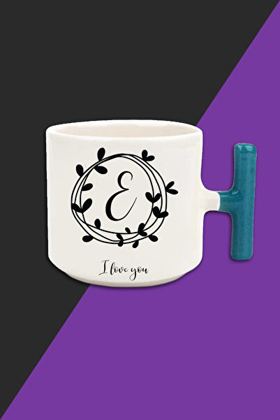 Bytwo كوب لاتيه بلون كريمي بنمط I Love You - مقبض أزرق