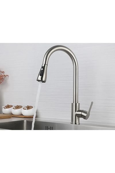İSAOĞLU YAPI Spiral Armature Spiral Faucet Extending System Kitchen Faucet Matte Chrome Inox Color Faucet