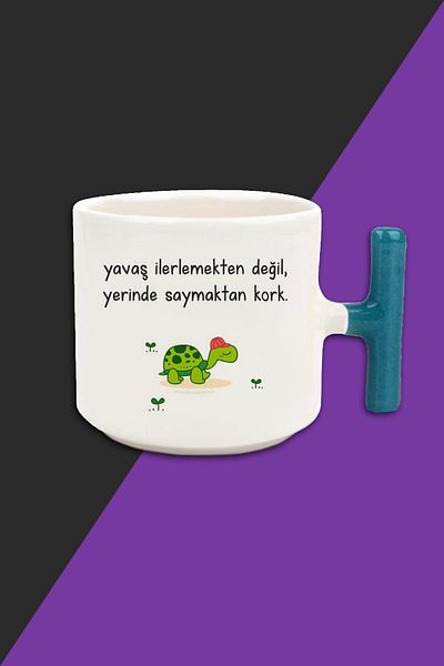 Bytwo BE AFRAID OF STAYING, NOT OF MOVING SLOWLY - Cream Color Latte Cup Mug - Blue Handle