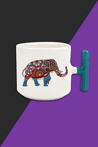 Bytwo Ethnic Elephant Cream Color Latte Cup Mug - Blue Handle