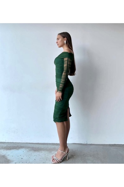 Afiş Butik Kadın Drapeli Tül Kumaş Tek Kol Dar Kesim Midi Boy Yeşil Renk Renk Kalem Abiye Elbise