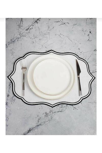 HİFA HOME 6 Adet Nakışlı Keten Amerikan Servis - Keten Supla(siyah)