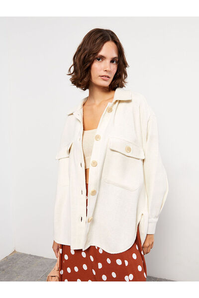 LC Waikiki Front Button Closure Plain Long Sleeve Gabardine Women's Shirt Jacket