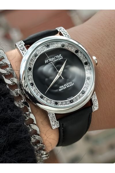 Q&Q Brand Black Leather Band Women's Wristwatch + Bracelet
