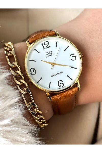 Q&Q Brand BROWN Leather Strap Women's Wristwatch + Bracelet