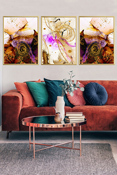 Linacci Triple Abstract Painting Purple Decorative Painting Set with Glass Aluminum Frame