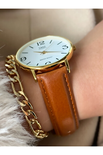 Q&Q Brand BROWN Leather Strap Women's Wristwatch + Bracelet