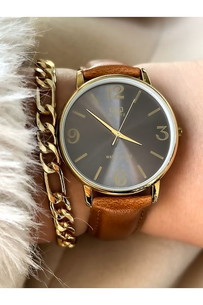 Q&Q Brand BROWN Leather Strap Women's Wristwatch + Bracelet